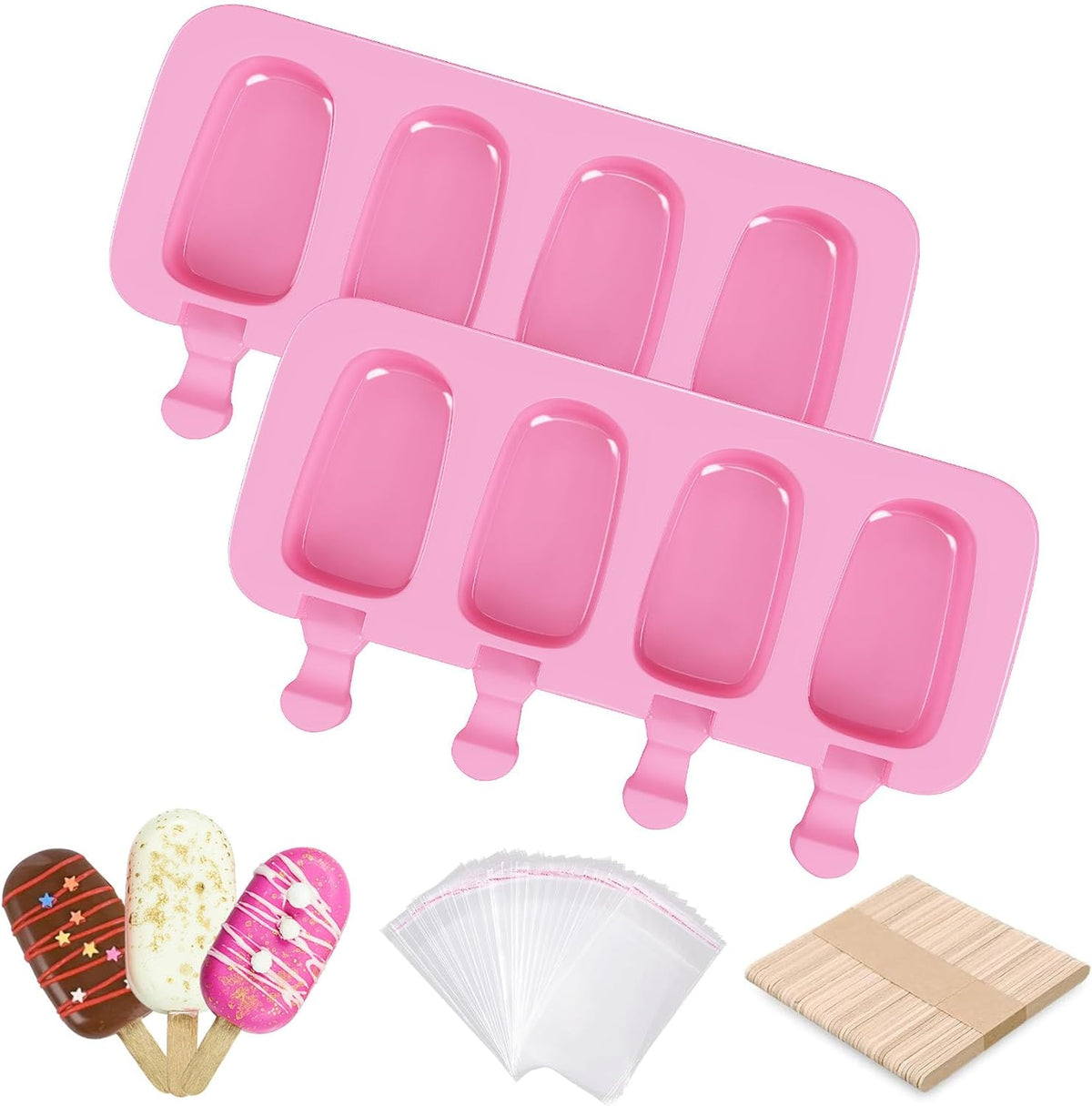 Ouddy Life Popsicle Molds Set of 2, Ice Pop Molds Silicone 4 Cavities Ice Cream Mold Oval Cake Pop Mold with 50 Wooden Sticks for DIY Popsicle (Pink)