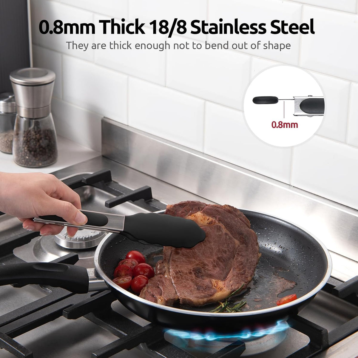 480ºF Heat Resistant Kitchen Tong: U-Taste 7 inch Silicone Cooking Tong with Firm Sealed Non Stick Rubber Tips & Silicon Coated 18/8 Stainless Steel Handle & Smooth Locking for Serving Salad (Black)