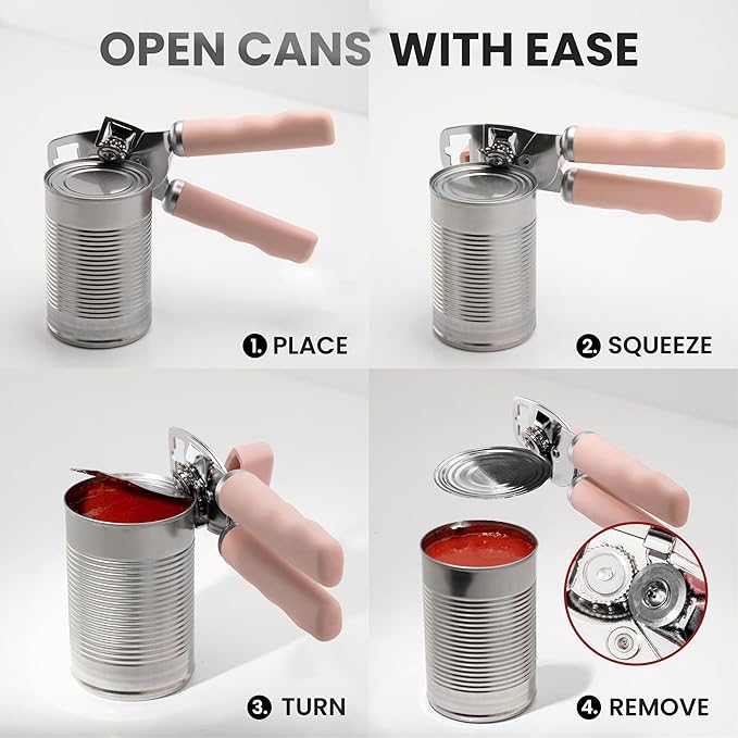 Zulay Kitchen Heavy Duty Stainless Steel Can Opener Manual with Bottle Opener - Rust Proof Manual Can Opener With Turn Knob & Comfy Soft Grip Handles - Peach