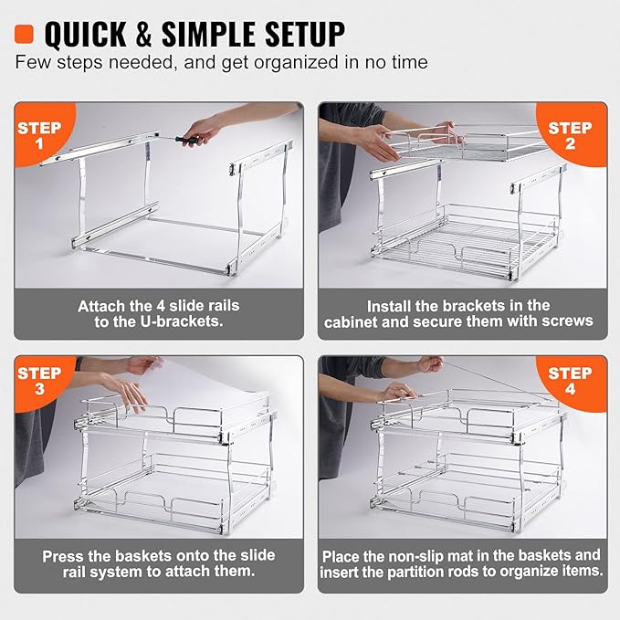 VEVOR 20"Wx21"D Pull Out Cabinet Organizer, 20"Wx21"D 2 Tier Heavy Duty Slide Out Pantry Shelves, Chrome-Plated Steel Roll Out Drawers, Sliding Drawer Storage, 21.5"Wx22"D Install Size for Cabinet