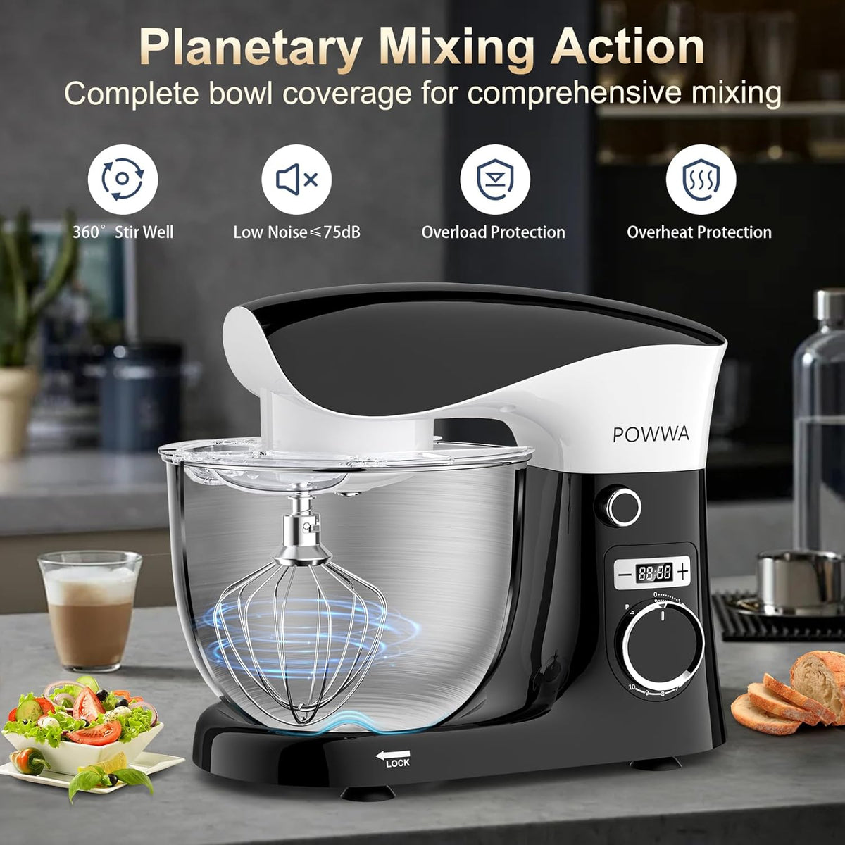 Stand Mixer, POWWA 6.5 QT 10 Speeds Tilt-Head Electric Stand Mixer, 3-In-1 Kitchen Mixer with Bowl, Dough Hook, Whisk and Beater, Food Mixer for Baking and Daily Use (Black White)