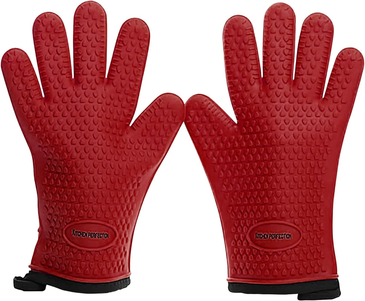 KITCHEN PERFECTION Silicone Smoker Oven Gloves - Extreme Heat Resistant BBQ Gloves - Handle Hot Food Right on Your Smoker Grill Fryer Pit | Waterproof Oven Mitts | Superior Value Set + 3 Bonuses