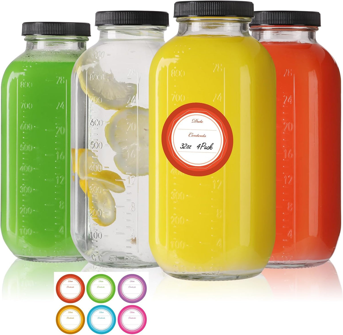 STARSIDE 32 oz Glass Juice Bottles with Lids 4 Pack - Square Reusable Drinking Jars for Juicing, Milk, Kombucha - Includes 1 Bottle Brush, 6 Colored Labels