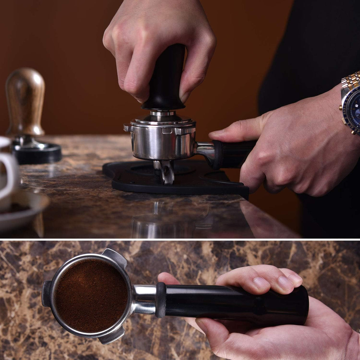 53mm Calibrated Espresso Tamper, Calibrated Coffee Tamper with Spring Loaded Anodized Aluminum Handle Stainless Steel Flat Base, Professional Espresso Hand Tamper