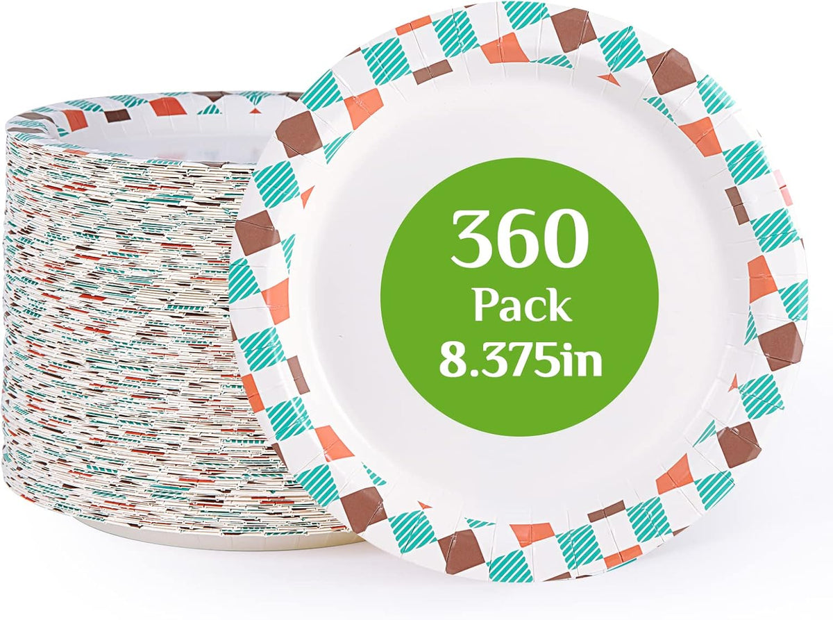 FOCUSLINE 360pack Paper Plates 8.375 Inch, Disposable Paper Plate Bulk 360 Count, Soak-Proof & Cut-Proof Bulk Plate for Parties, Picnic and Family Gatherings.