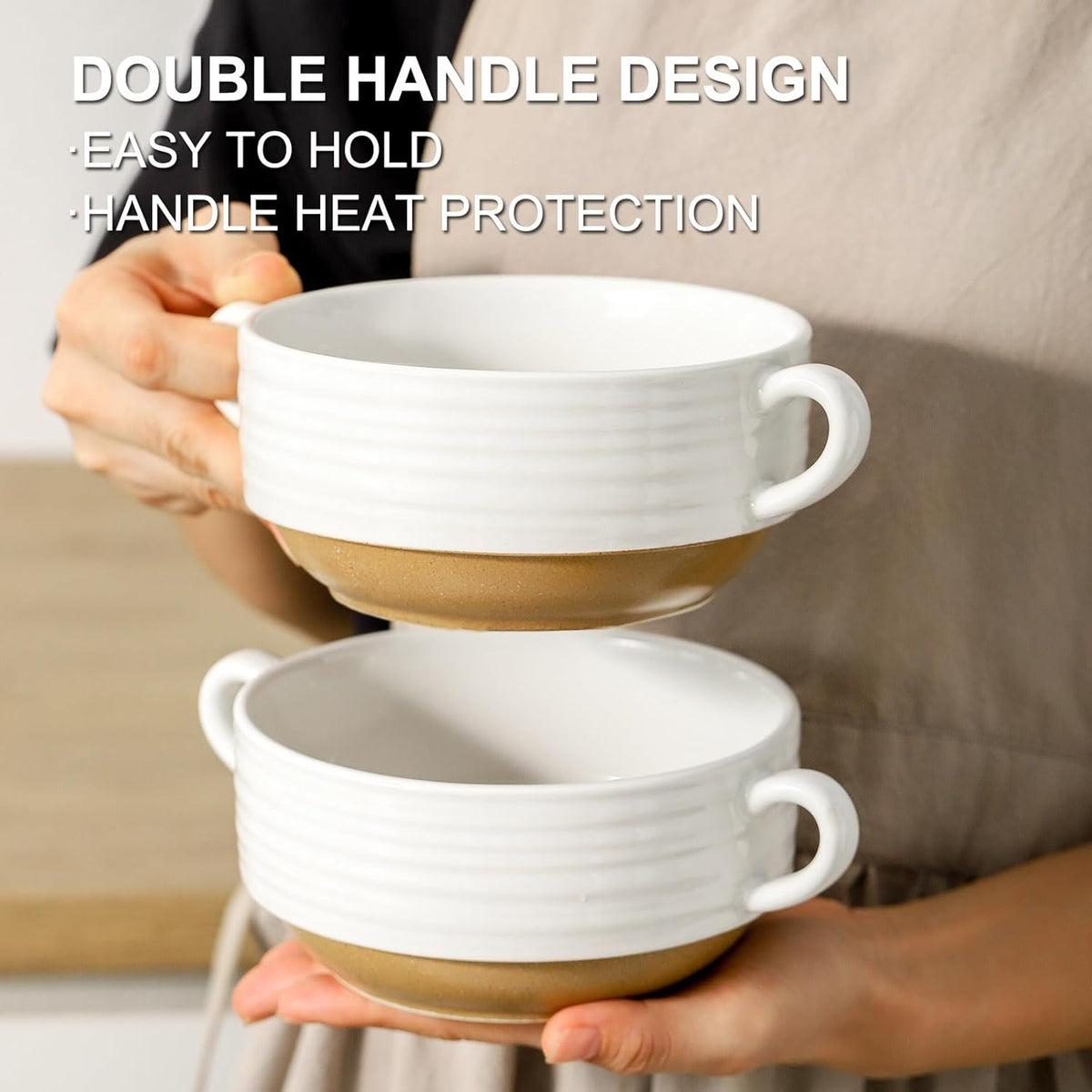 Hasense French Onion Soup Bowls, 20 oz Ceramic Soup Bowls with Handle, Stacked Oven Safe Bowl Set, Perfect for Chili, Beef Stew, Pasta, White Soup Serving Bowls for Kitchen, Set of 4