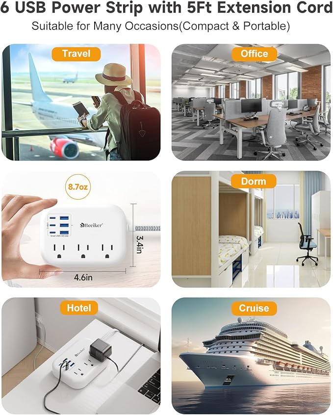 6 USB(3 USB C) Power Strip- Travel Power Strip with 6 USB Desktop Charging Station 24W/4.8A and 3 Outlets, 5Ft Flat Plug Braided Extension Cord, Non Surge Protector for Cruise Ship Travel Office Dorm