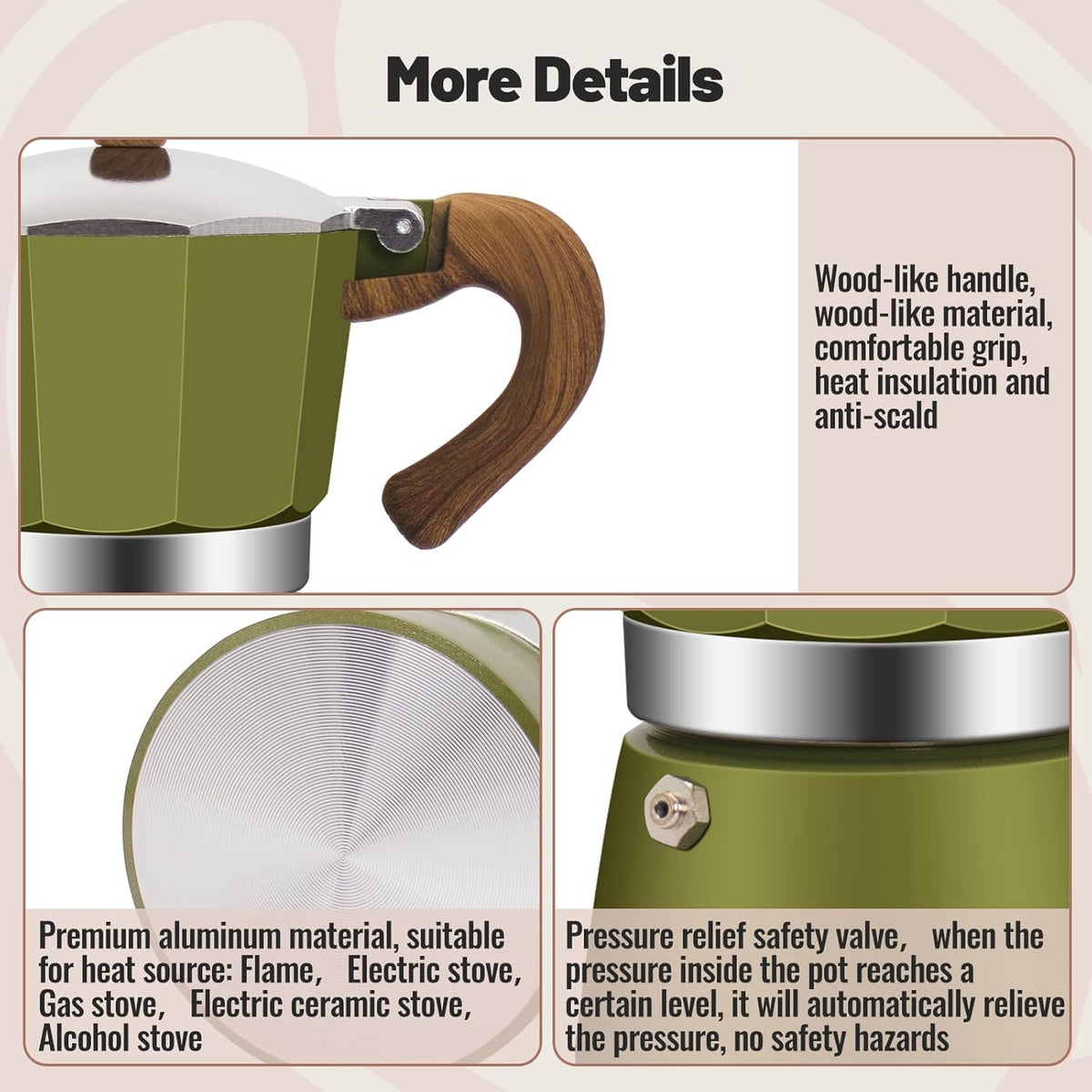 3 Cup Aluminum Moka Pot Classic Stovetop Espresso Coffee Maker 150ml 5oz Coffeemaker Percolator Mocha Pot Greca Coffee Maker Cafe Makers for Italian and Cuban Café Brewing Green