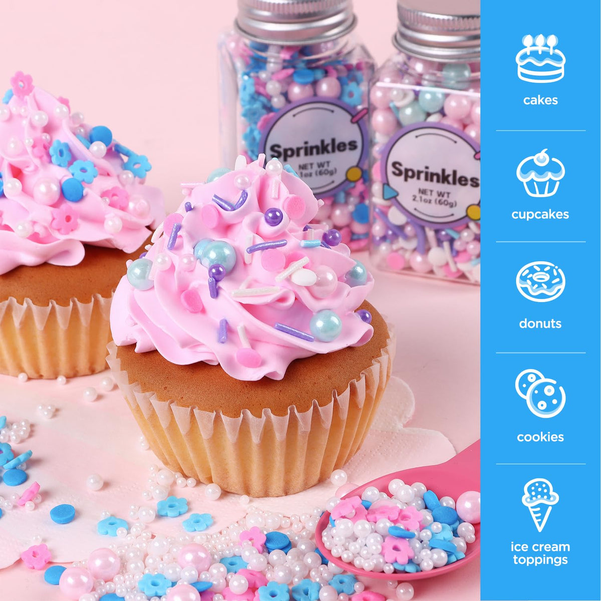 Edible Pink Sprinkles for Cake Decoration, Flower Sprinkles, Pearl Sprinkle, Pink Confetti Sprinkles for Valentines Cake Decoration, Cupcake, Ice Cream, Macaron(120g/4.23oz)