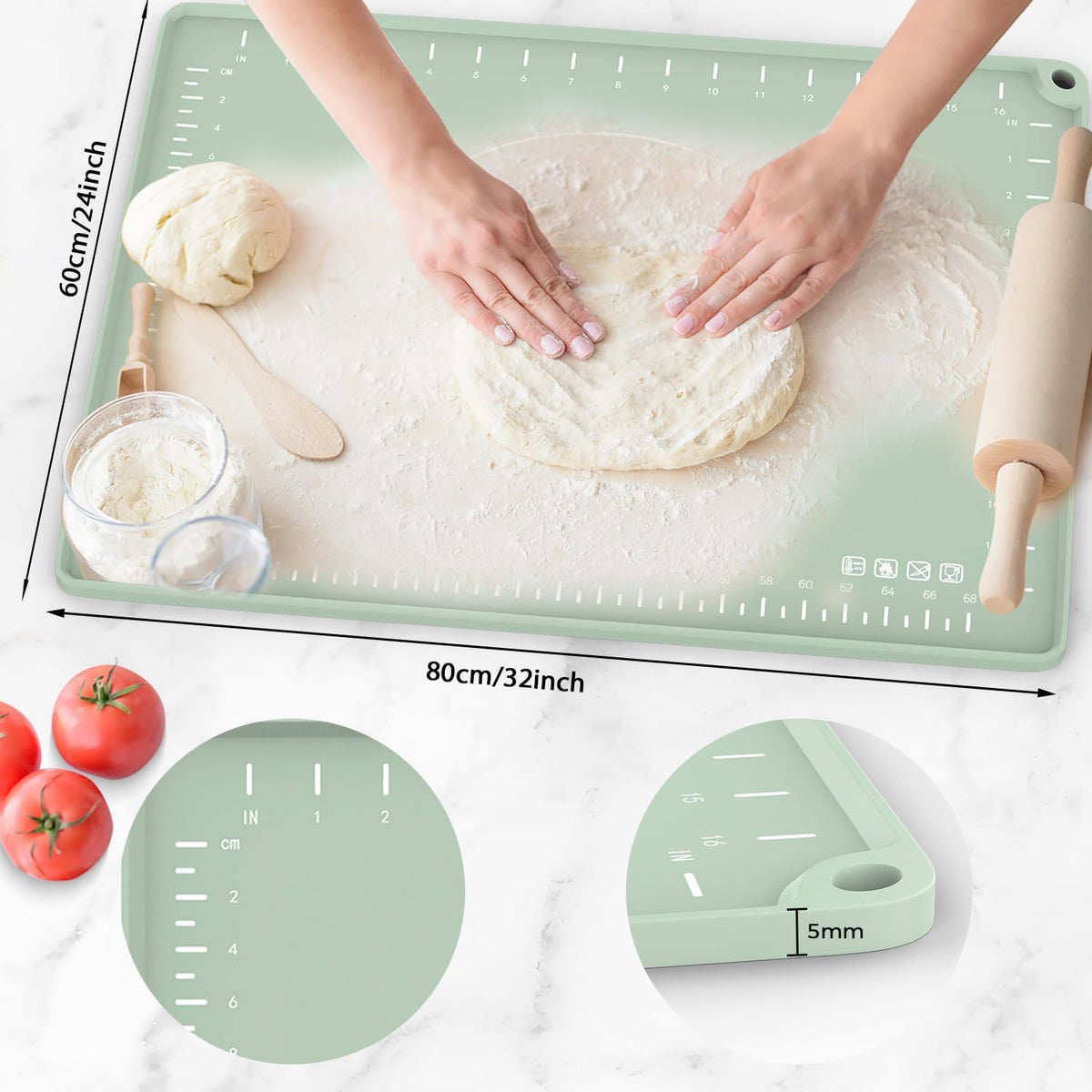 Silicone Baking Mat 32" x 24", Extra Thick Dough Rolling Mat with Measurements and Edge Heightening, Non-stick Food Grade Silicone Pastry Mat for for Pastry, Bread, Cookies, Pizza, Fondant, Pasta