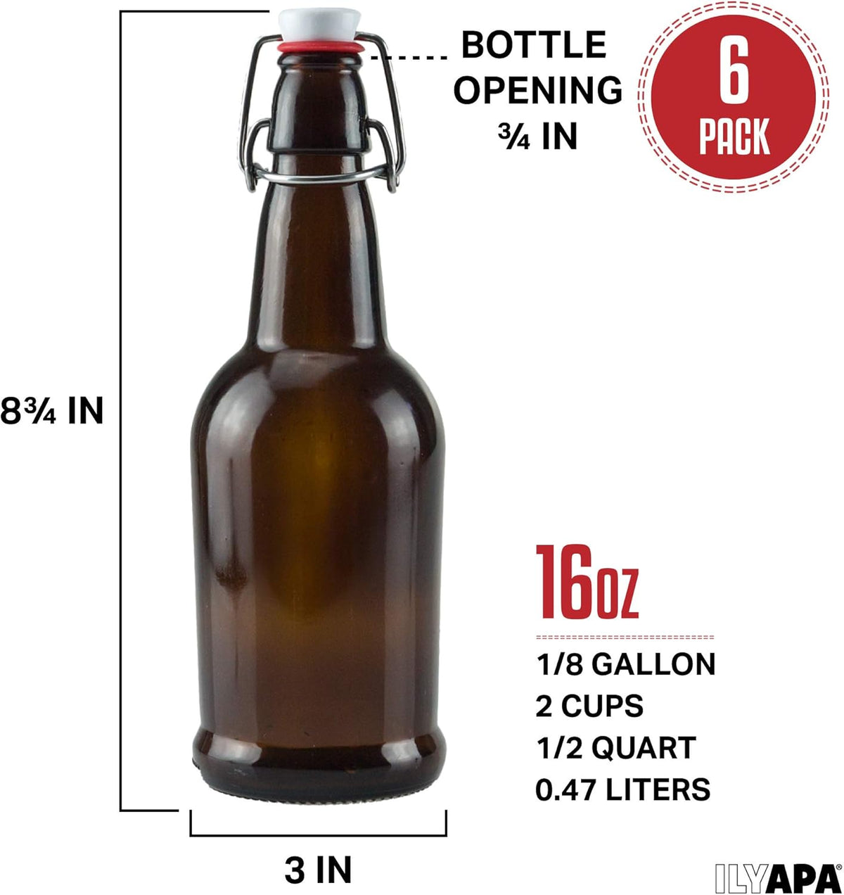 Ilyapa 16oz Amber Glass Beer Bottles for Home Brewing - 6 Pack with Airtight Rubber Seal Flip Caps