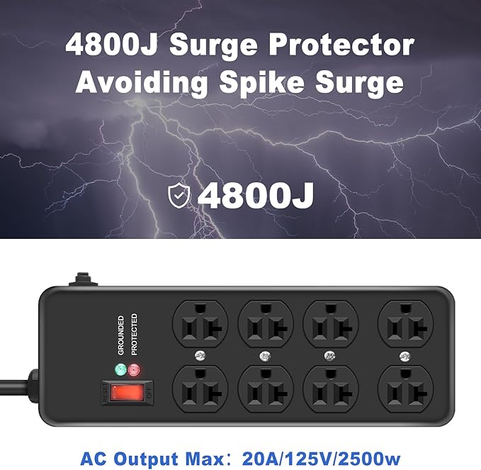 20Amp Power Strip Surge Protector, Durable Metal 8-Outlet with Heavy Duty 20 Amp 10Ft 12 Gauge Extension Cord, for Garage, Workshop & Industrial Use with 6-20R T-Slot Outlets, 4800J
