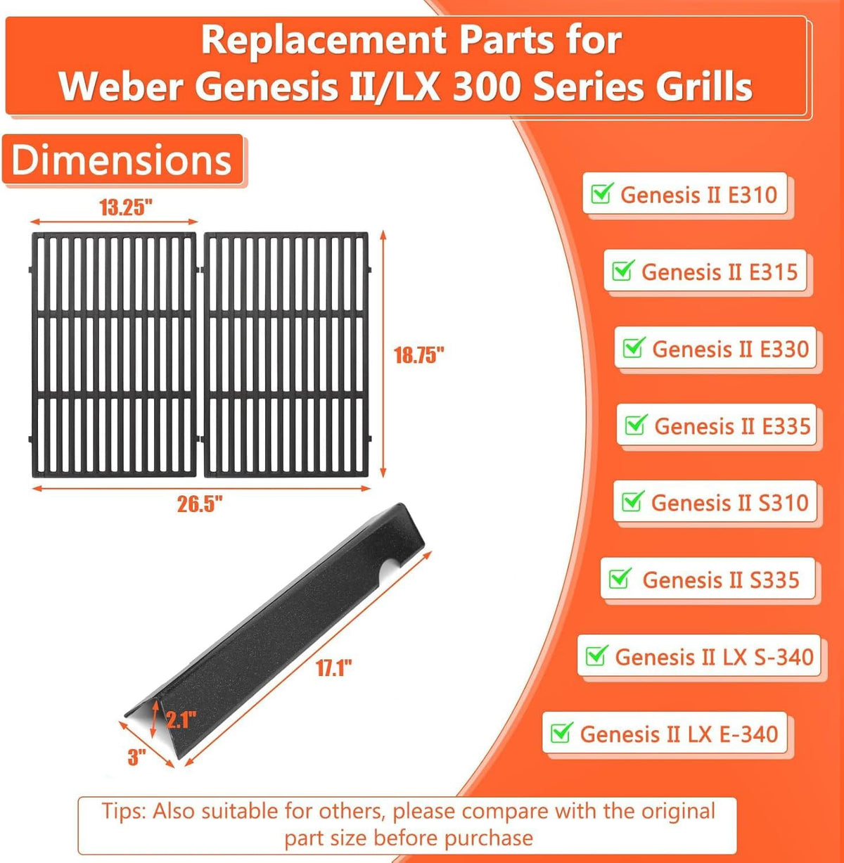 Genesis II Flavorizer Bars Replacement Parts, Genesis II Grill Grate for Weber Genesis II Grill Parts - 66795 66095 Parts for Weber Genesis II 300 Series ii E/S-310 ii E/S-315 ii E/S-335 ii SE-335