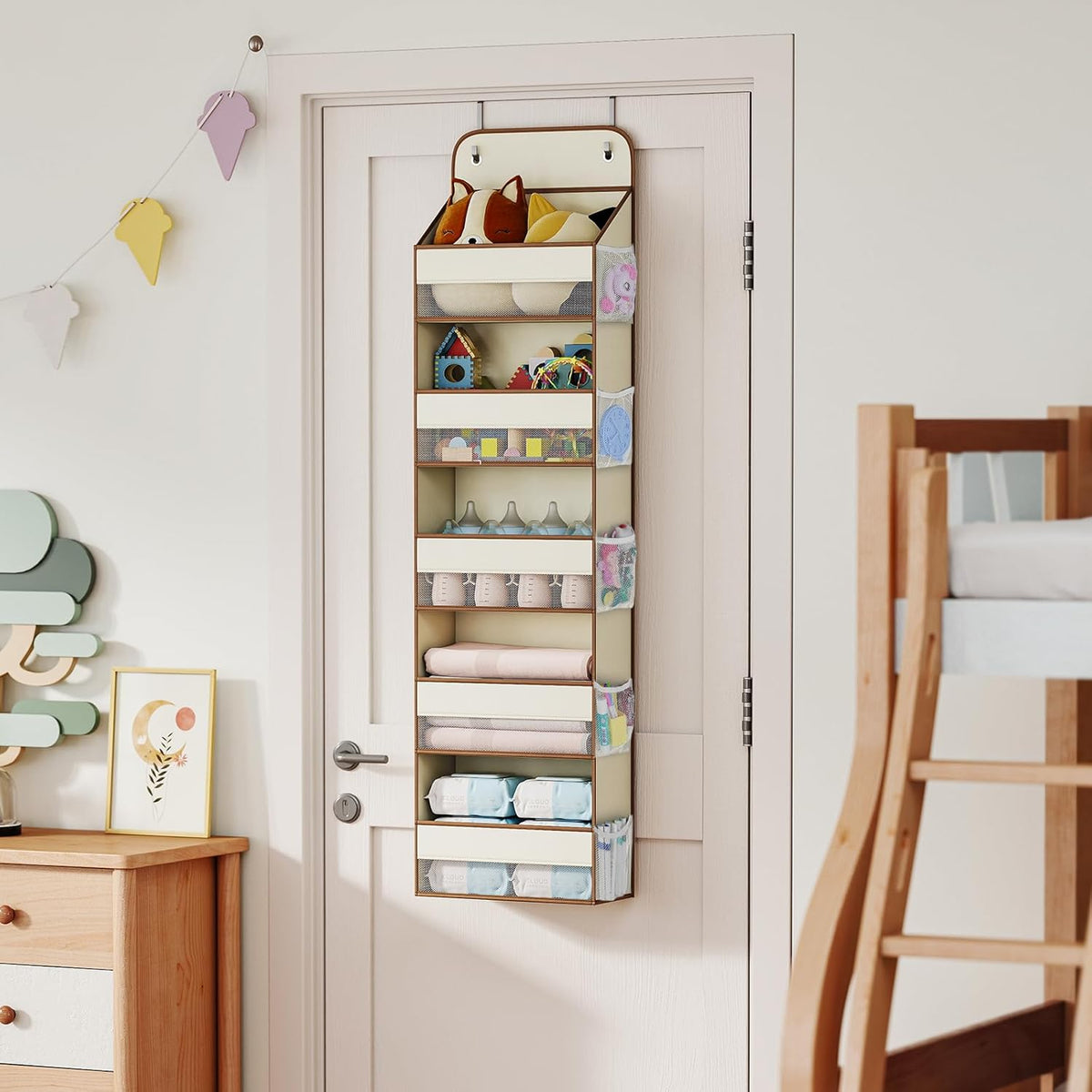 LAMU 1 Pack Over the Door Organizer Hanging with 5 Large Pockets and 10 Mesh Pockets, 44lb Over the Door Storage for Closet, Nursery and Bathroom, Behind the Door Storage with Clothes and Toys, Beige