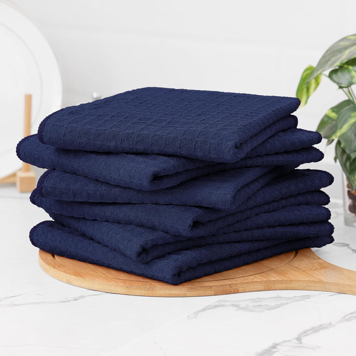 Homaxy Microfiber Waffle Weave Kitchen Towels, 16 x 28 Inch Ultra Absorbent and Solid Color Dish Towels, 8 Pack, Navy Blue