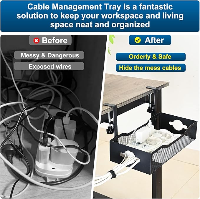 Large Under Desk Cable Management Tray - Heavy Duty Metal Cord Organizer with No Drill Installation for Office & Home Office Desks to Hide Wires & Power Strips (Black, XL)