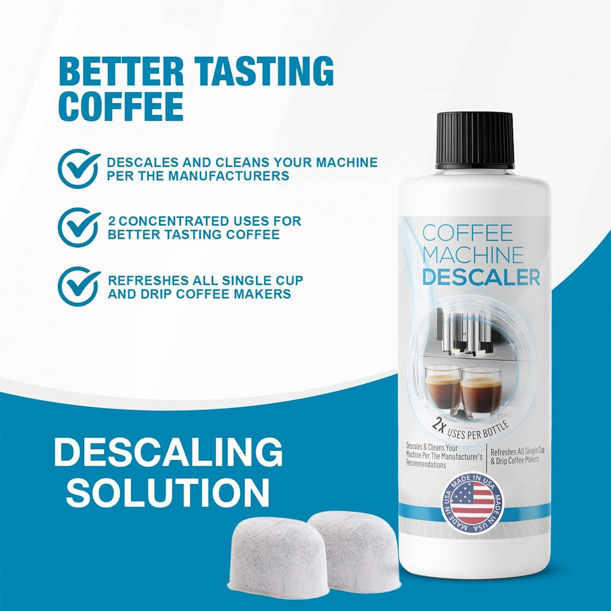 Keurig Compatible Descaling Solution (1 Bottle, 2 Uses Plus 2 Filters) - Universal Descaler Cleaner Concentrate Kit For All 1.0 & 2.0 K-Cup Pod Machines and Espresso Machines