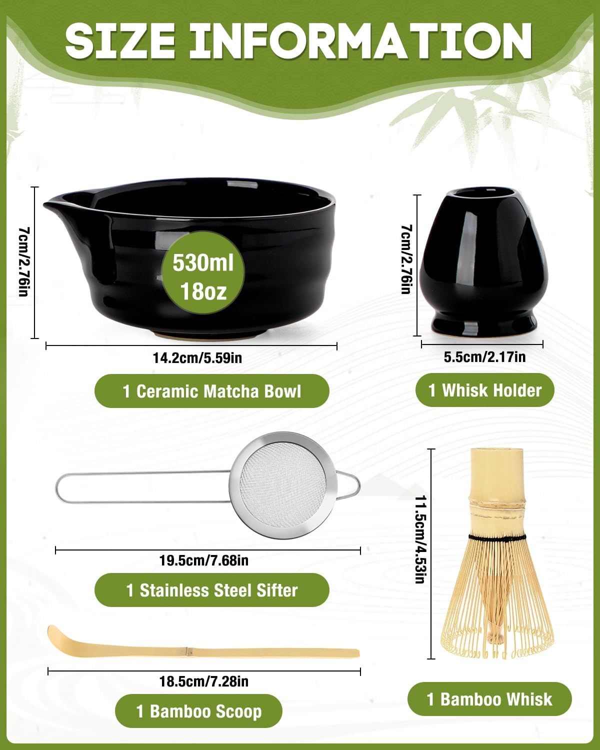 Matcha Whisk Set - 5PCS Matcha Set Includes 17OZ Chawan with Spout, Bamboo Chasen Whisk with Ceramic Holder, Wooden Scoop and Stainless Sifter, Matcha Kit for Ceremony, Gift for Matcha Lovers