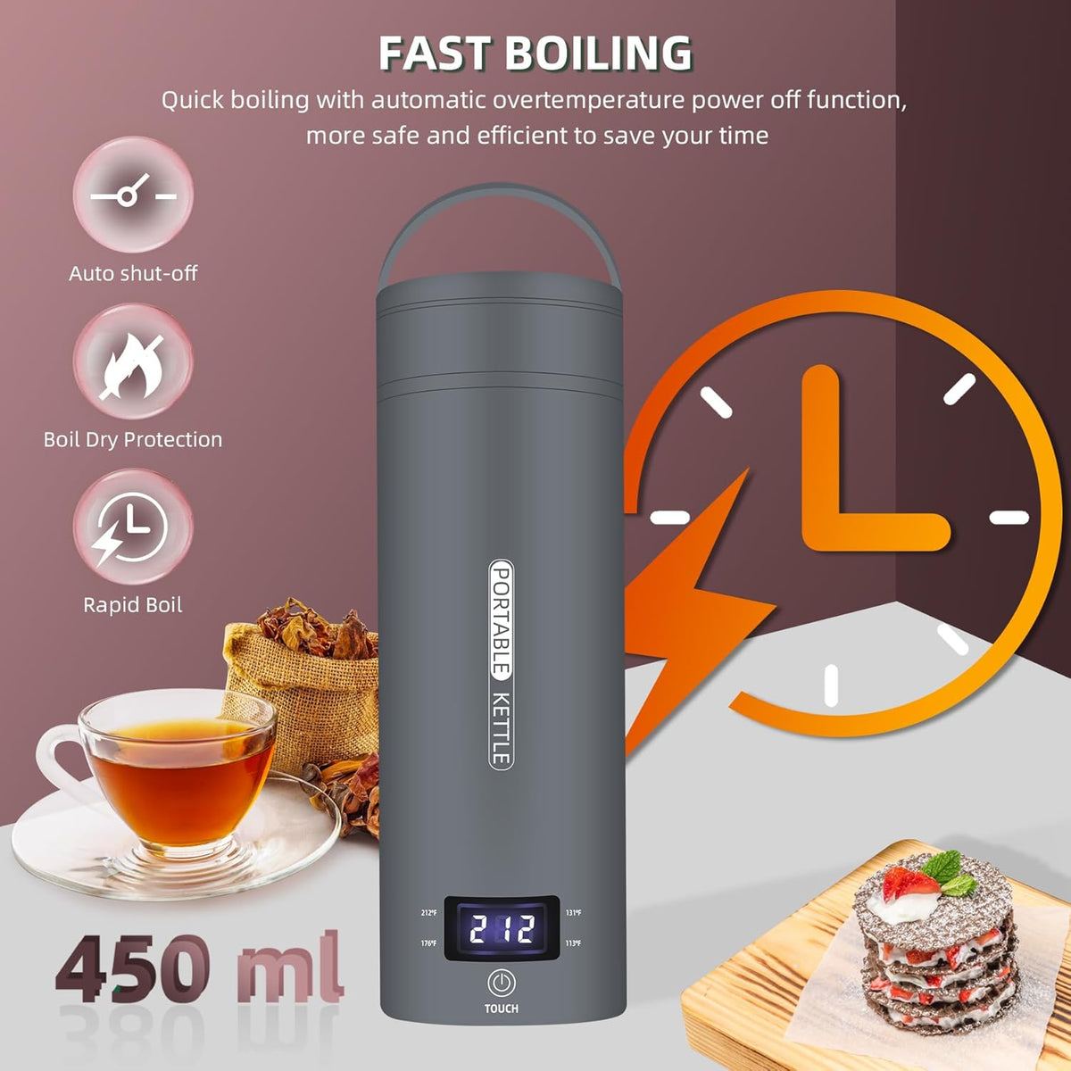 Travel Electric Kettle Portable Small Mini Tea Coffee Kettle Water Boiler, Water Heater with 4 Temperature Control,304 Stainless Steel with Auto Shut-Off & Boil Dry Protection, BPA-Free (Grey)