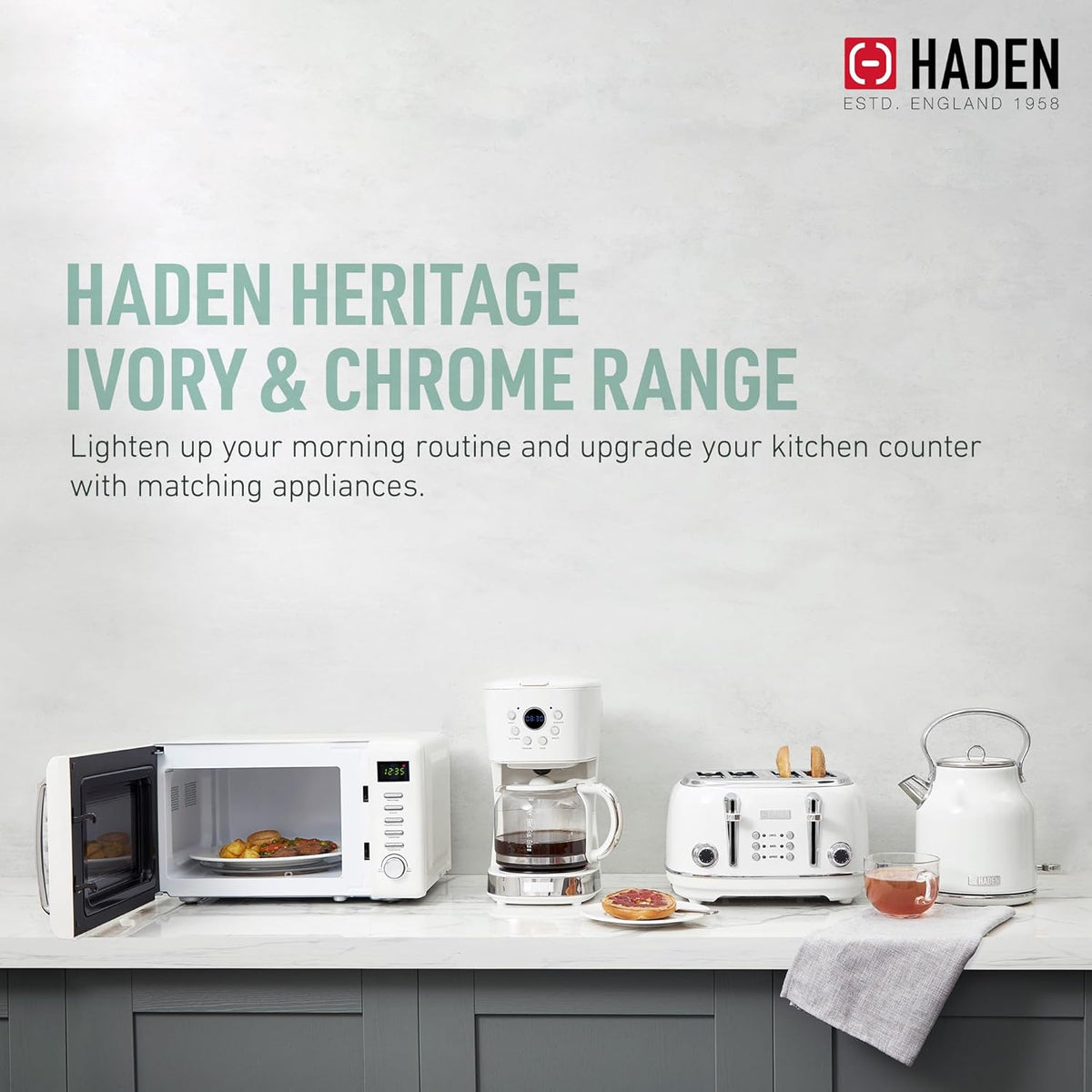 Haden Heritage 1.7 Liter Stainless Steel Electric Kettle, Hot Water Kettle with 360-Degree Base and Auto Shutoff, Ivory & Chrome