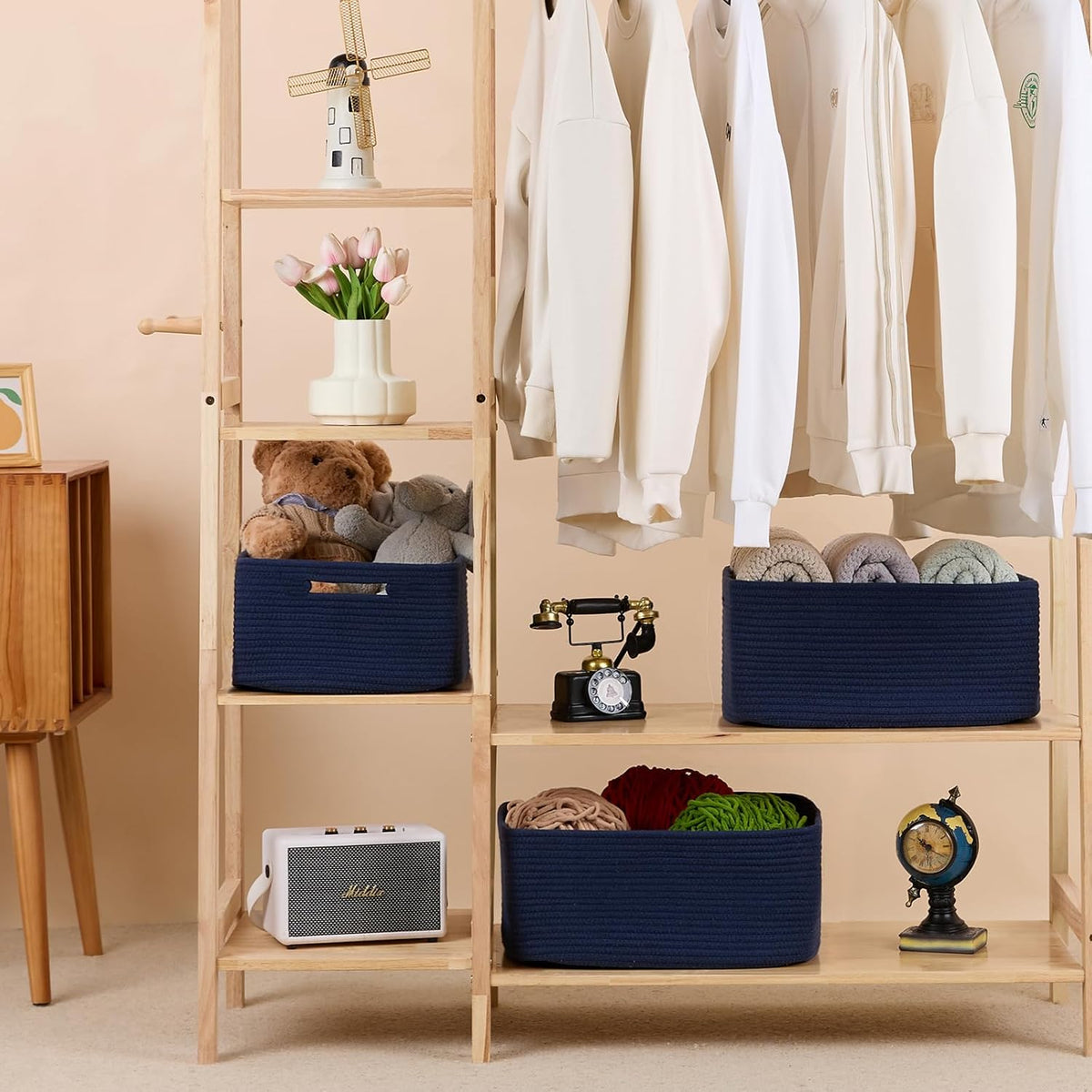Large Storage Baskets for Organizing, Closet Shelf Baskets for Clothes Blanket Towels, Baby Nursery, Toy Bins Box, Woven Rope Baskets, 17 x 13 x 7.5”, 4 Packs Navy Blue
