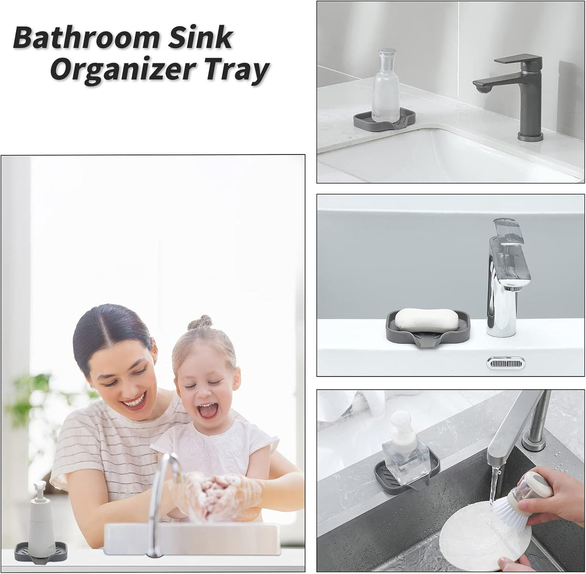 Silicone Bathroom Soap Dishes with Drain Spout-Bathroom and Kitchen Sink Organizer,Sponge Holder,Dish Soap Tray,Perfect for Dispenser,Scrubber,Bottle,Cup on Sink or Counter-Grey 4.9"×3.2"