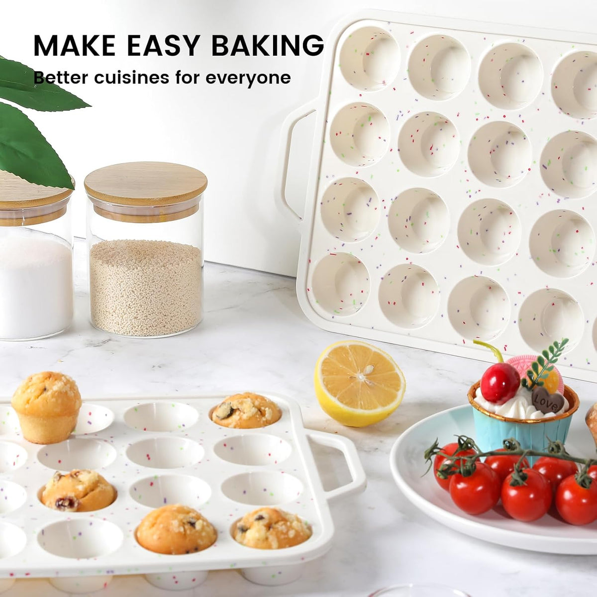 Vinino Mini Muffin Pan with Metal Reinforced Frame-2Pack, Silicone Cupcake Pan for Baking 24 Cup Mini Size, BPA Free Silicone Muffin Tray, Cupcake Baking Pan Molds for Oven Dishwasher Safe - Cream