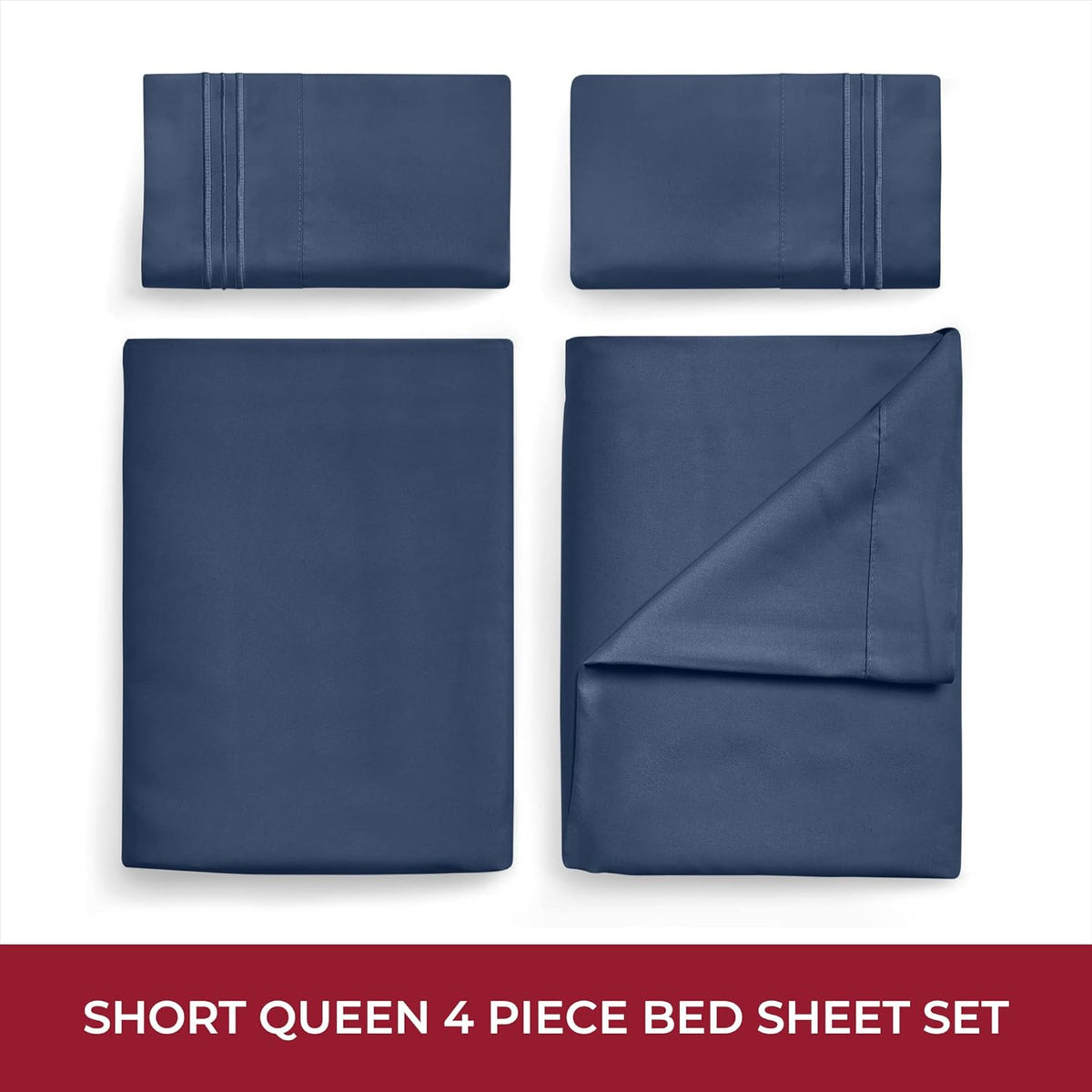 Mellanni RV Short Queen Sheets - 4 PC Iconic Collection Bedding - Hotel Luxury, Extra Soft, Cooling Bed Sheets - Deep Pocket up to 10 inch (RV/Short Queen, Navy Blue)