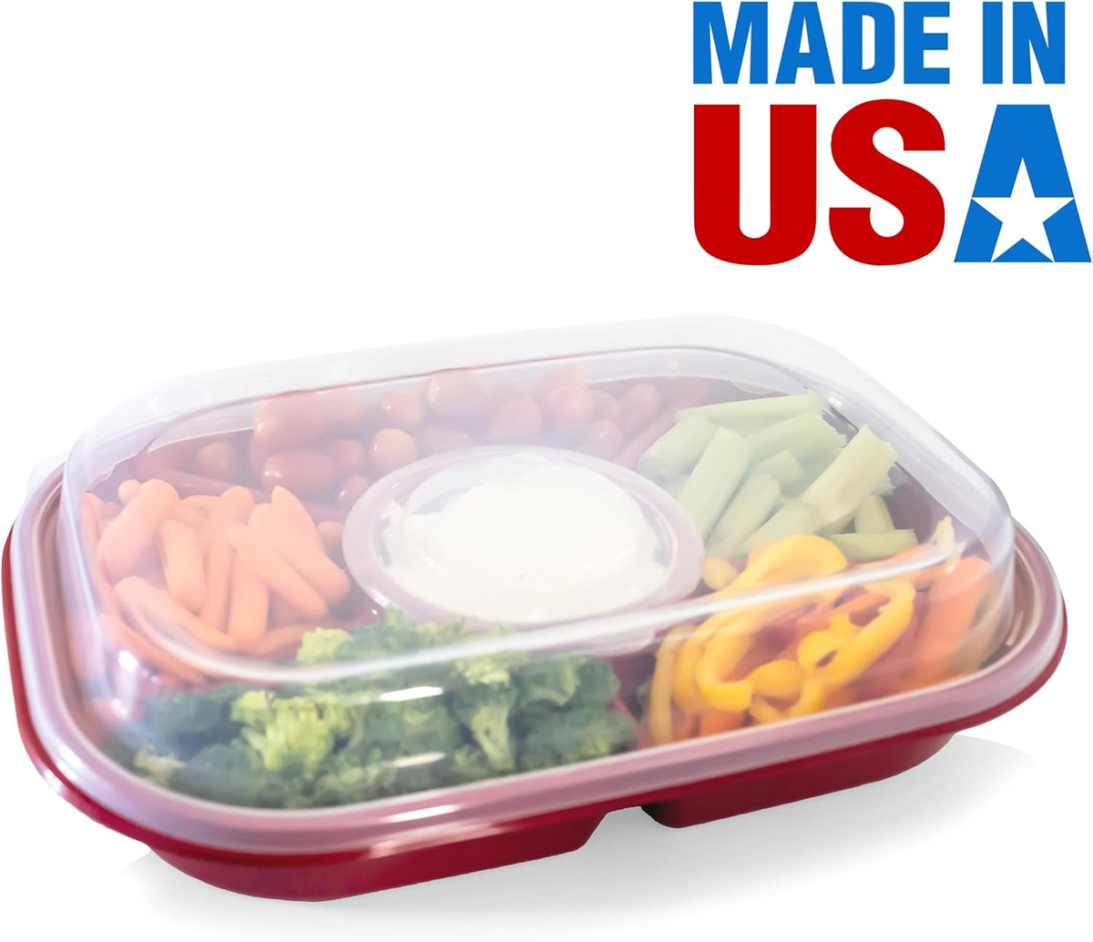 Buddeez Red Jumbo Divided Serving Tray - 6 Bins for Party Platter with Lid, Snackle Box Container, Appetizers, Desserts, Snacks & More