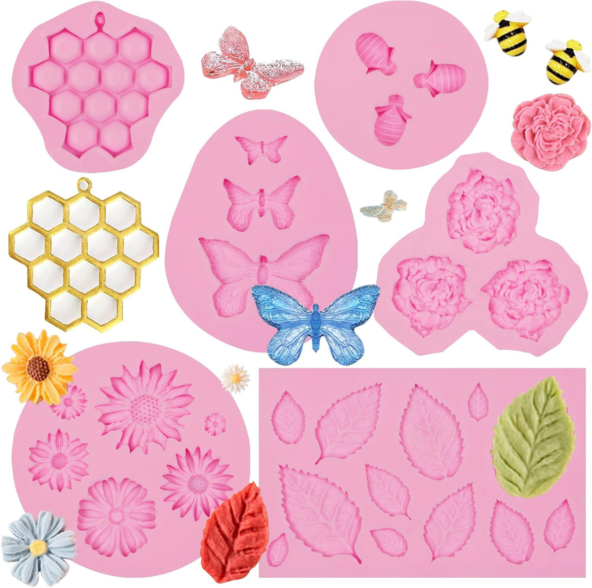 Flower Silicone Cake Mold 6 Pcs, Mini Leaf Fondant Mold for Chocolate Fall Silicone Molds Cake Decoration Candy Sugar Cupcake Topper Cake Pop Popsicle Polymer Clay Crafts
