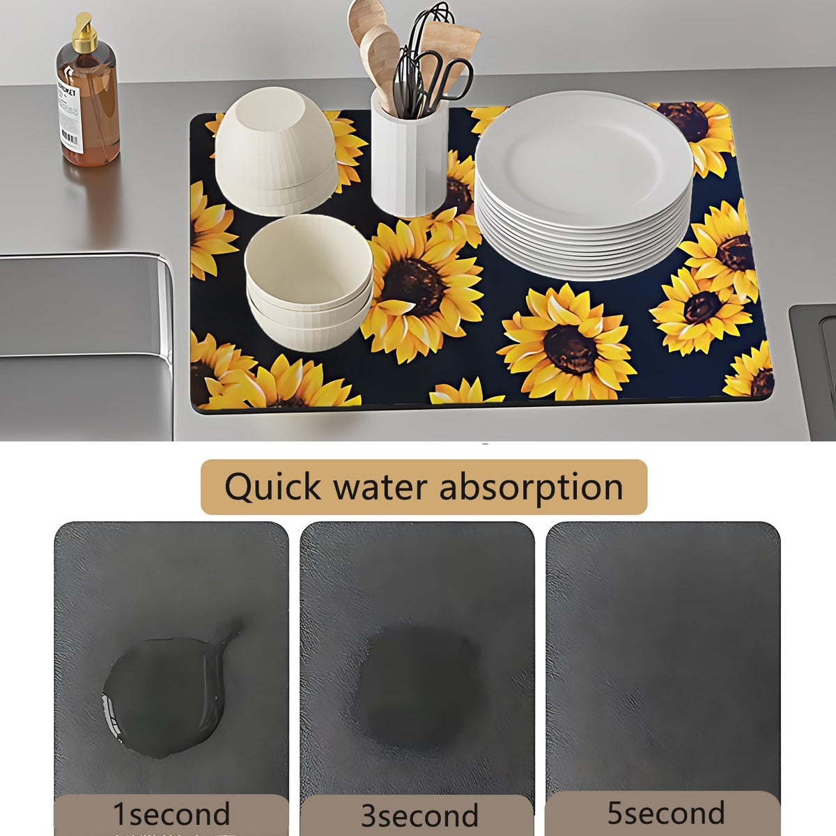 Dish Drying Mat Foldable Fall Kitchen Drying Mat Absorbent Sink Mat Multi-Purpose Coffee Pad Easy To Clean,Kitchen Gadgets,sunflower decor(sunflower) (17inches*24inches)