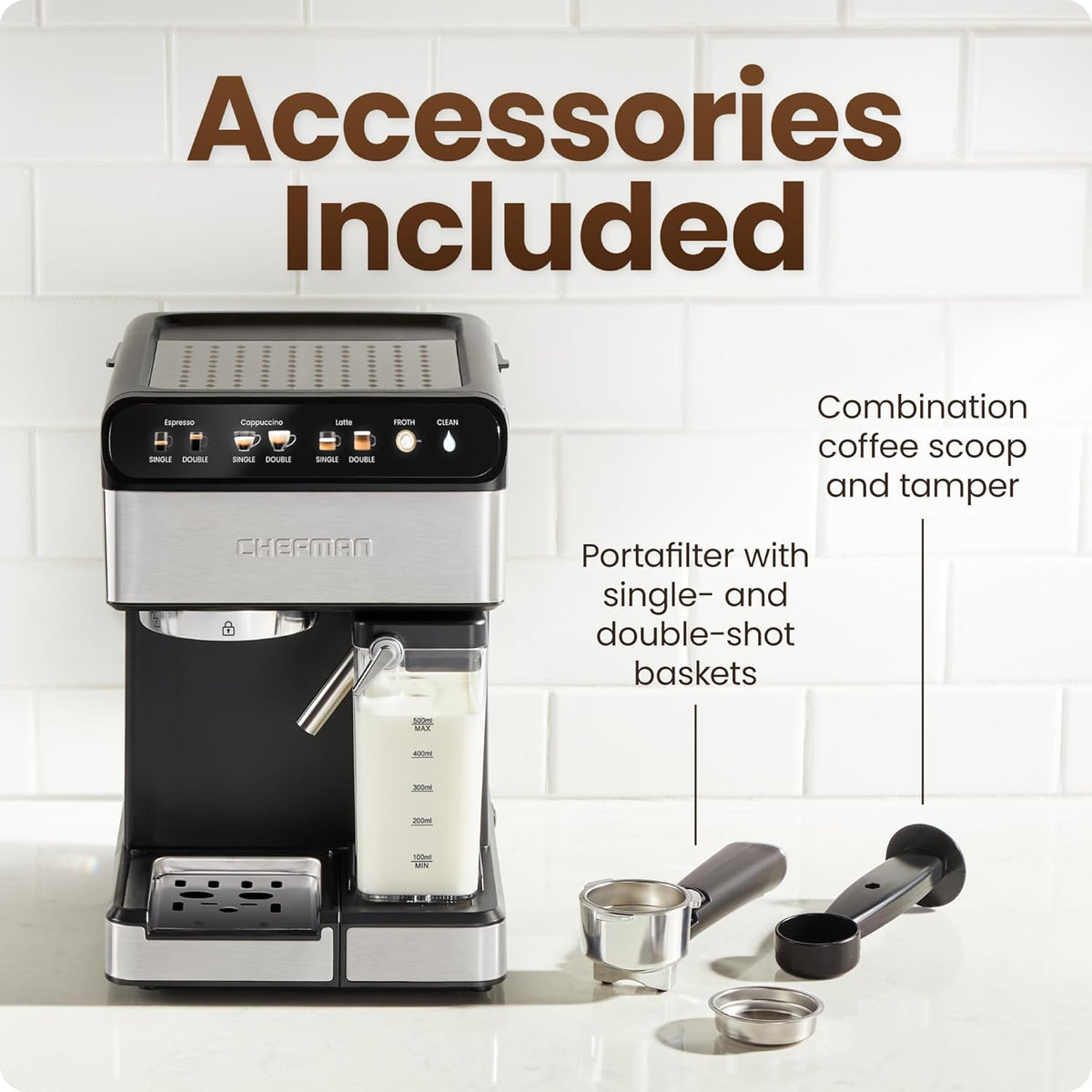 Chefman CaféMaster Pro Espresso Machine, Brew Single or Double Shots, Coffee Maker with Built-In Milk Frother for Cappuccino & Latte, XL 1.8 Liter Removable Water Reservoir - Stainless Steel