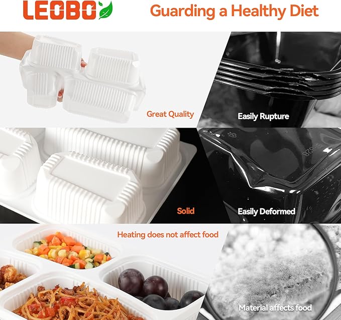 Takeout Containers BPA Free PP Plastic - 34oz 40 Pack 4 Compartments Shrink Wrap & Leakproof Meal Prep Container | Freezer & Microwave Safe Reusable for Office Lunch | White Restaurant Togo Box