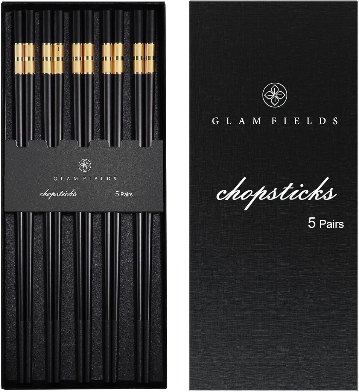 GLAMFIELDS 5 Pairs Premium Chopsticks Reusable Dishwasher Safe 9.5 Inch Fiberglass Chop Sticks Gift Set Non Slip Black+Gold