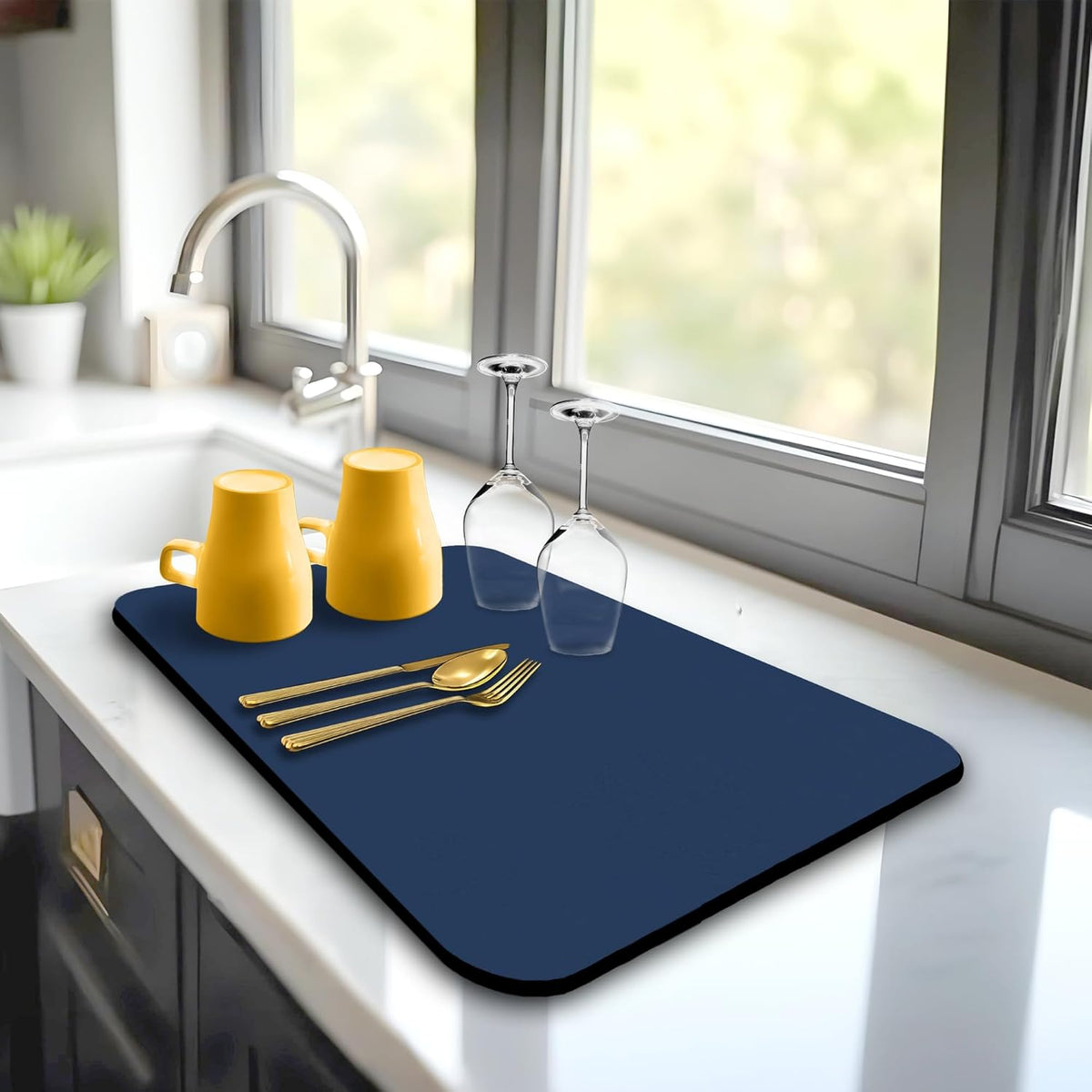 Dish Drying Mat Super Absorbent – 12" x 18" Coffee Mat for Countertops – Non-Slip Drying Mat for Kitchen Counter – Easy to Clean Water Absorbent Mat – Quick Dry Dish Drying Mats (Navy Blue)