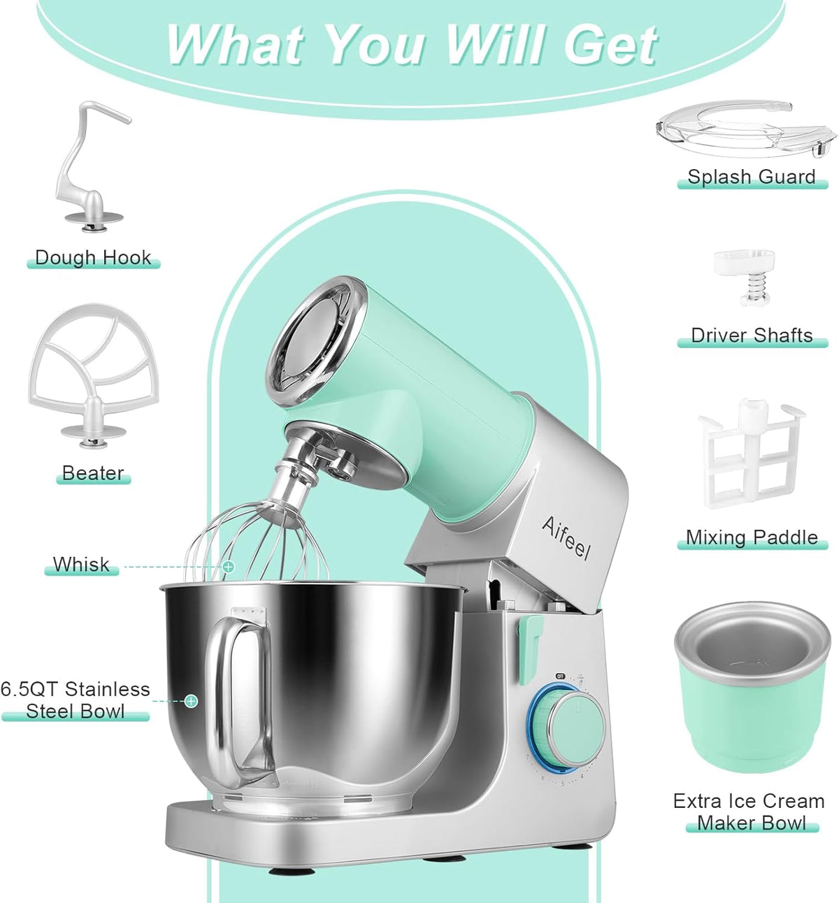 Aifeel Stand Mixer,6.5QT Kitchen Electric Mixer with 2QT Ice Cream Maker Bowl, 6 in 1 Multifunctional Bread Dough Mixer with Dough Hook,Whisk & Beater, Food Mixer for Baking (Green-Silver)