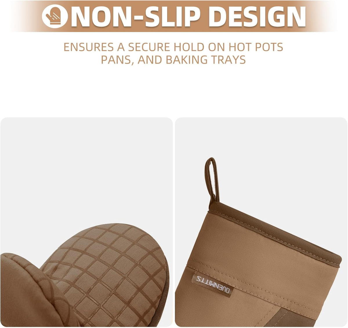 Mini Oven Mitts, Kitchen Oven Gloves Kitchen Mittens 500 Degrees Heat Resistant Baking Gloves, Non-Slip Silicone Surface with Hanging Loops Hot Gloves for Cooking, Baking, BBQ 1 Pair-Brown
