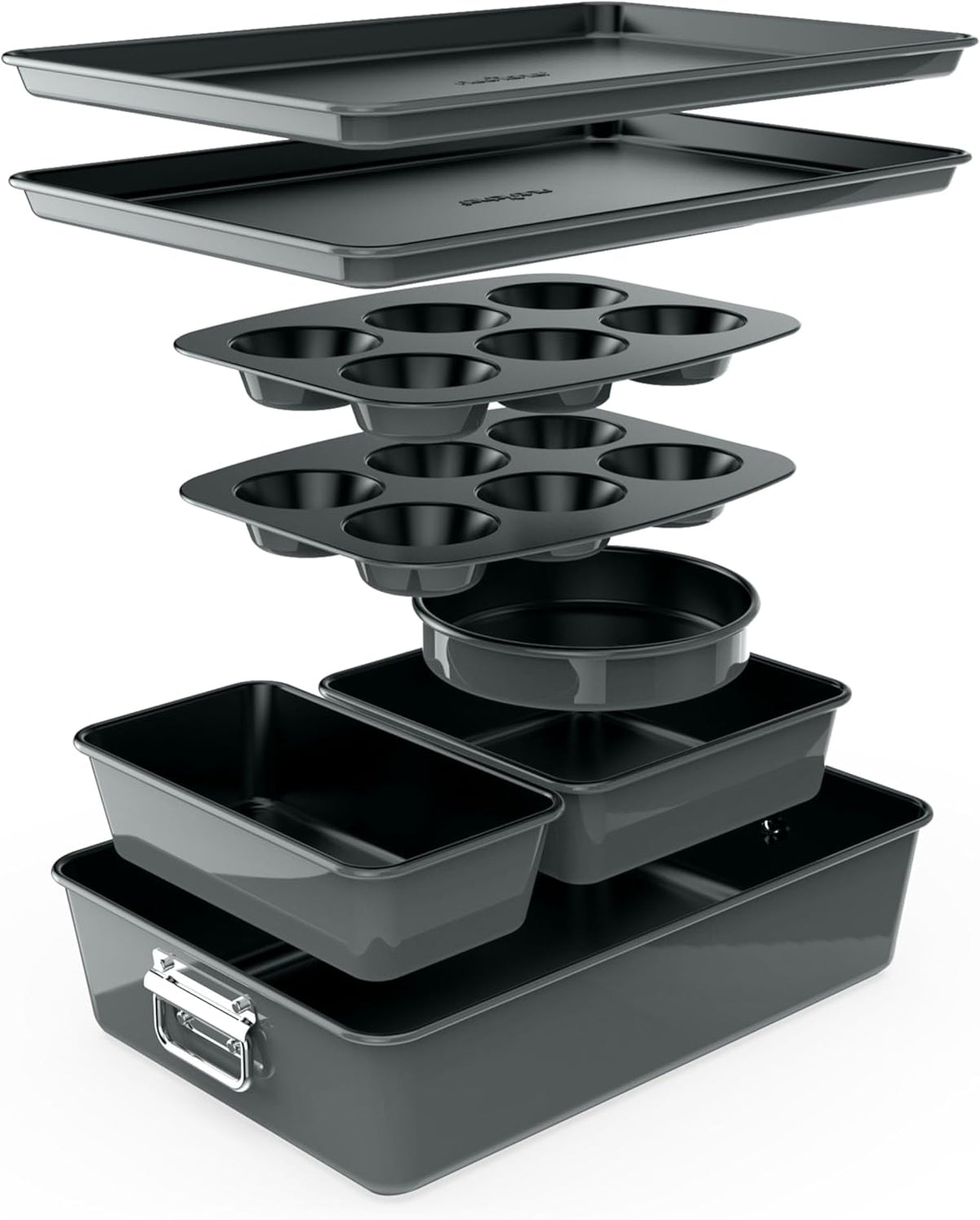 NutriChef 8-Piece Nonstick Stackable Bakeware Set - PFOA, PFOS, PTFE Free Baking Tray Set w/Non-Stick Coating, 450°F Oven Safe, Round Cake, Loaf, Muffin, Wide/Square Pans, Cookie Sheet (Gray)