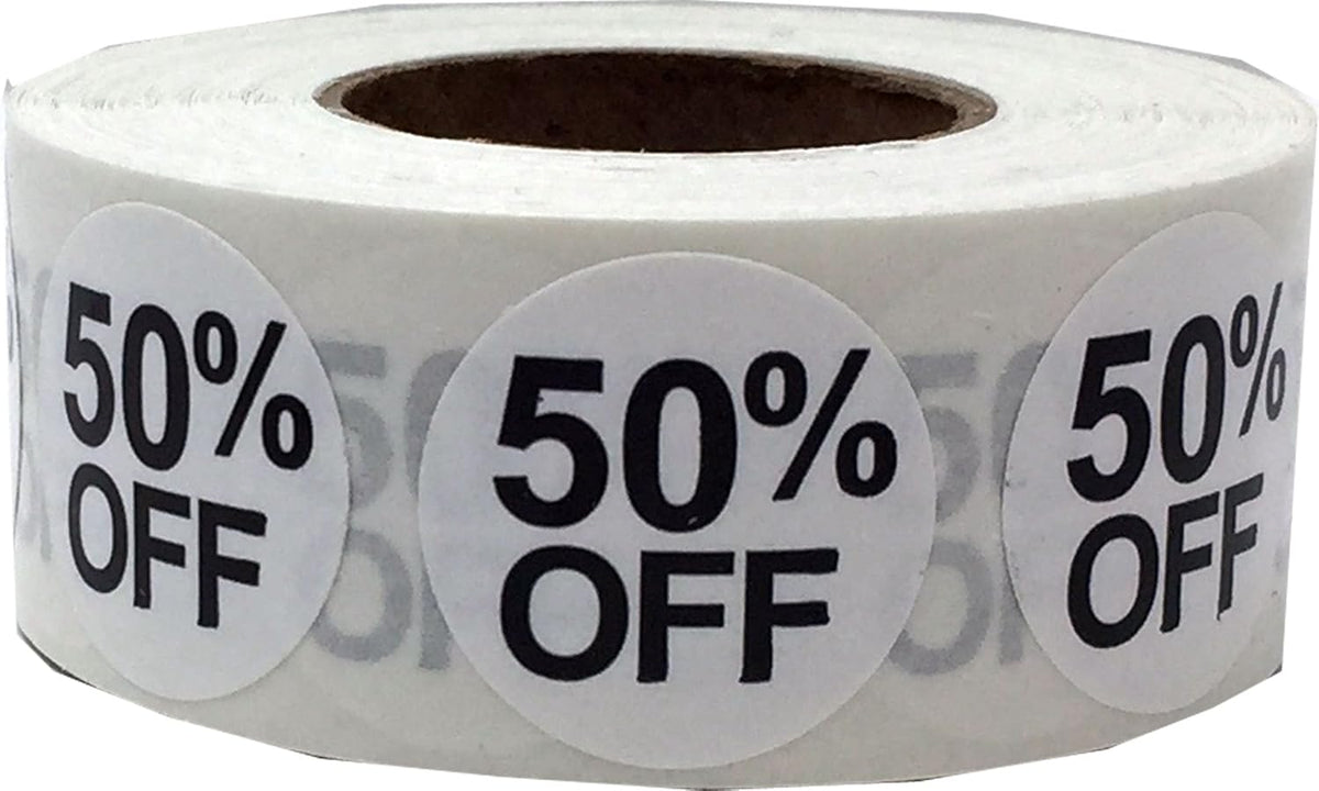 InStockLabels 50% White Stickers for Retail, 500 Labels per Roll, 3/4" Round – Stickers for Promotion & Inventory Event, Easy Peel Tags, Semi-Gloss Adhesive, Apparel-Safe, Residue-Free