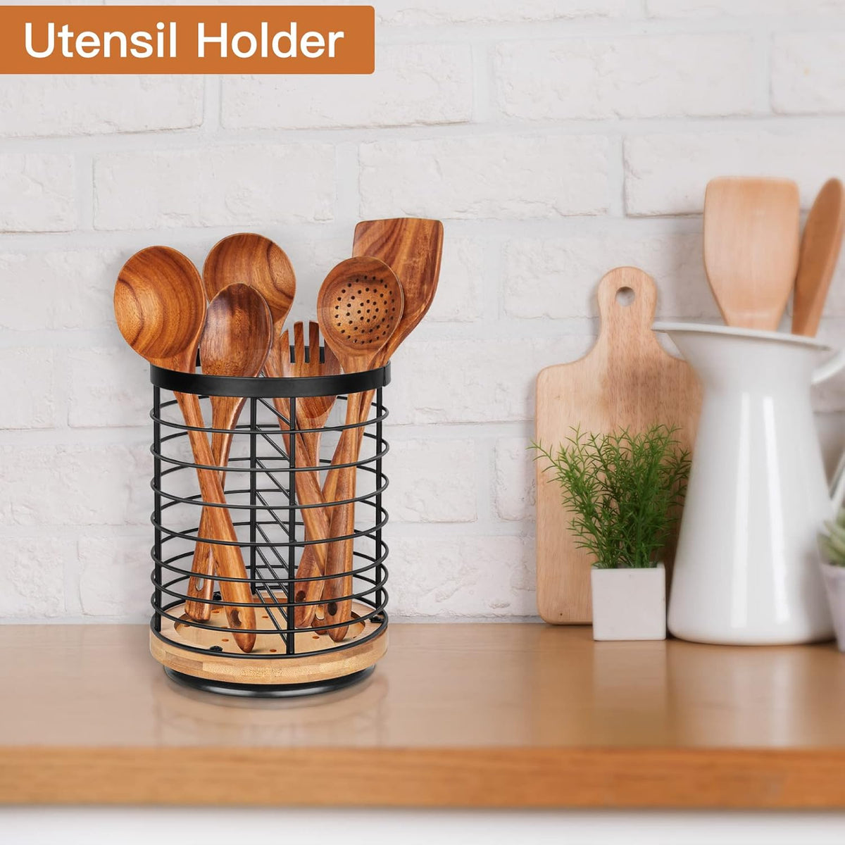 Utensil Holder for Kitchen Counter - 7.2" Large Rotating Utensil Crock, Wooden + Metal Base, Countertop Cooking Tool Spatula Organizer