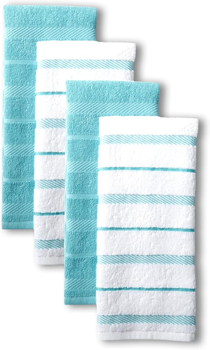 KitchenAid Albany Kitchen Towel 4-Pack Set, Aqua/White, 16"x26"