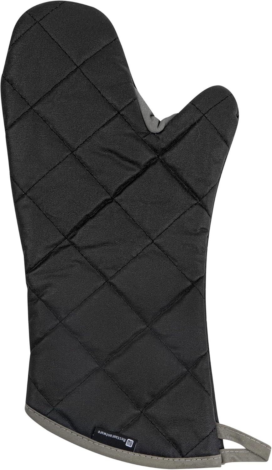 Restaurantware 17 x 8 Inch Heavy-Duty Oven Mitt 1 Flame Retardant Heat-Resistant Mitt - With Thumb Guard Hanging Loop Black Cotton Quilted Oven Mitts Heat-Resistant For Cooking And Baking