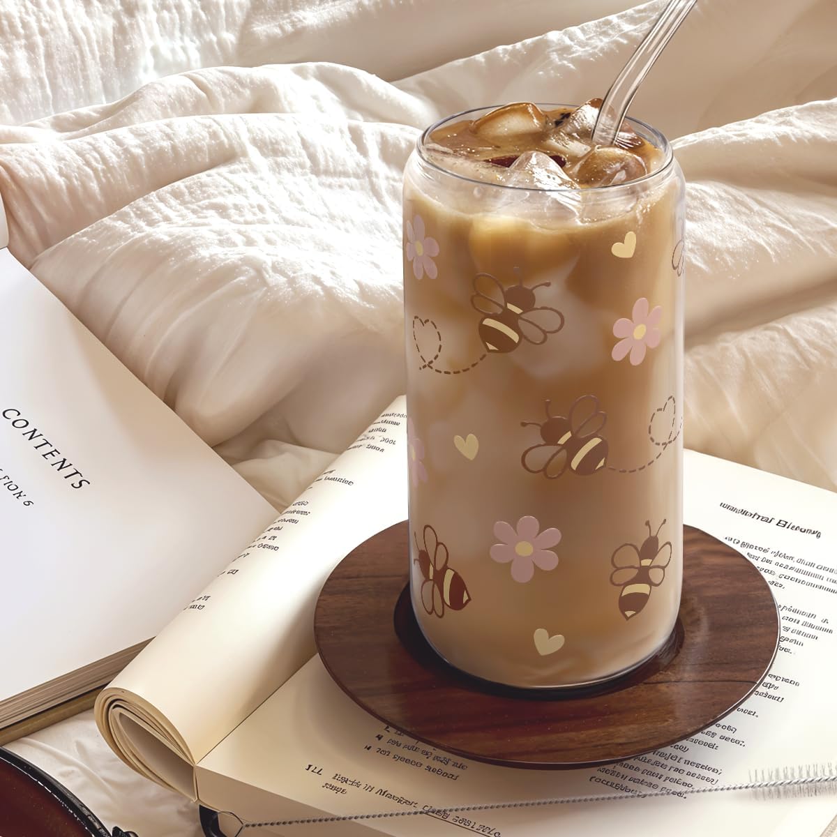 Bee 16oz Can Glass Tumbler with Acrylic Lid & Straw - Iced Coffee Cup for Women Girls, Aesthetic Cups Gifts for Birthday Christmas