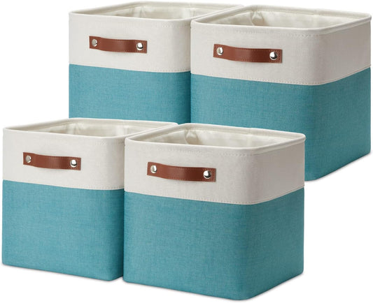DULLEMELO Foldable Storage Cubes 11 x 11 Organizer Bins,Canvas Storage Bins Empty Gift Baskets for Organizing with SturdyLeather Handles, Closet Baskets for Nursery Storage(4 Pack - 11" White&Teal)