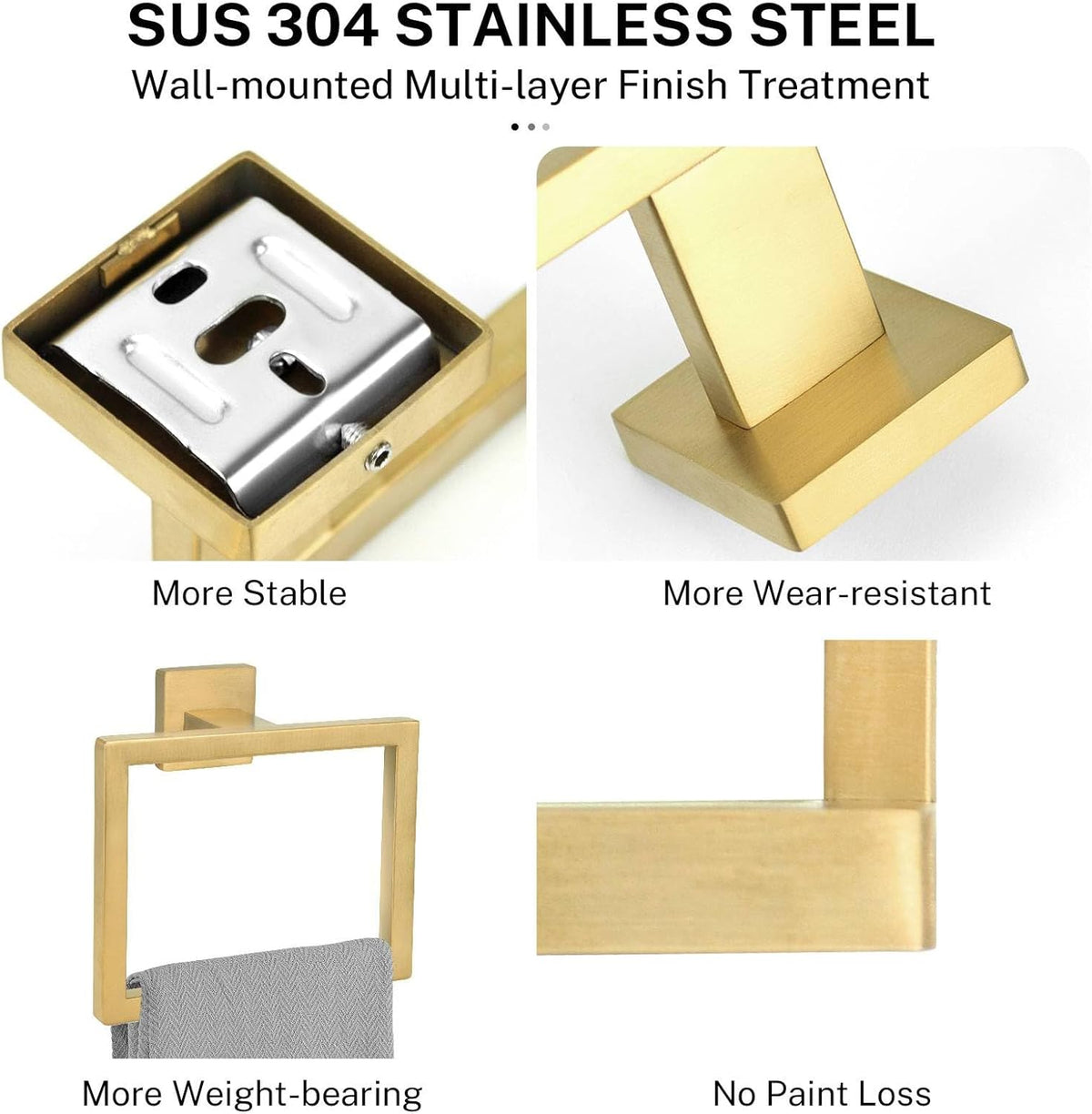 Brushed Gold Towel Ring,Square Hand Towel Holder,Towel Hanger, Bathroom Hardware Accessories,SUS 304 Stainless Steel Wall-Mounted