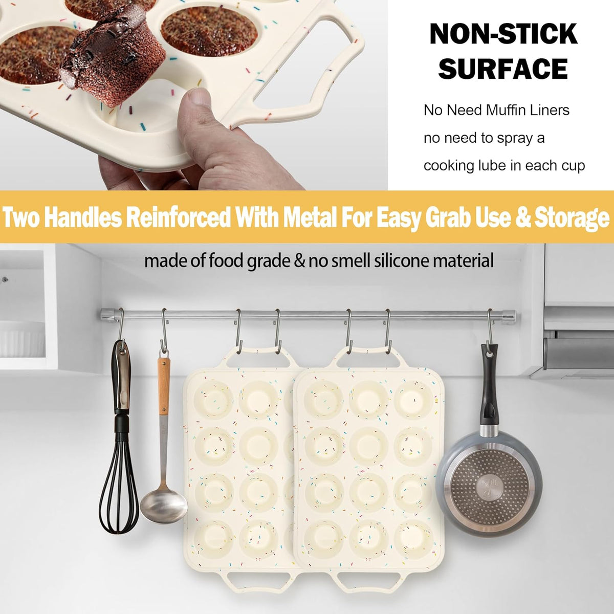 2 Pack Silicone Muffin Pans for Baking with Metal Reinforced Frame, 12 Cup Cupcake Baking Pans Nonstick for Oven, BPA Free Silicone Muffin Tin for Egg Bites Cake, Easy Pop Out & Dishwasher Safe