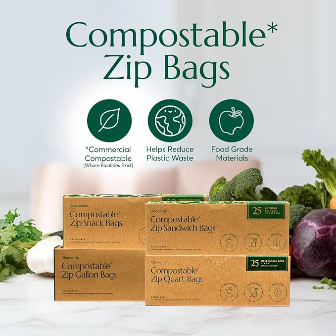 CLEANOMIC Compostable* Food Storage Bag Bundle - Gallon, Quart, Sandwich and Snack Sizes