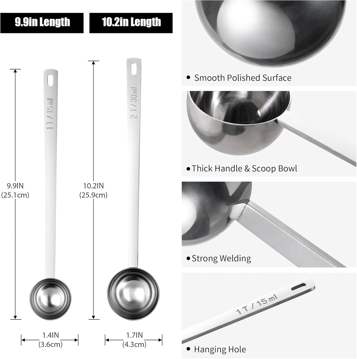 18/8 Stainless Steel Coffee Scoops, Doosu Food-Grade Metal Measuring Spoons with 8.5in Long Handle, Tablespoon Scooper for Coffee Beans, Ground Coffee, Espresso, Protein Powders, Tea (1 & 2 Tbsp)