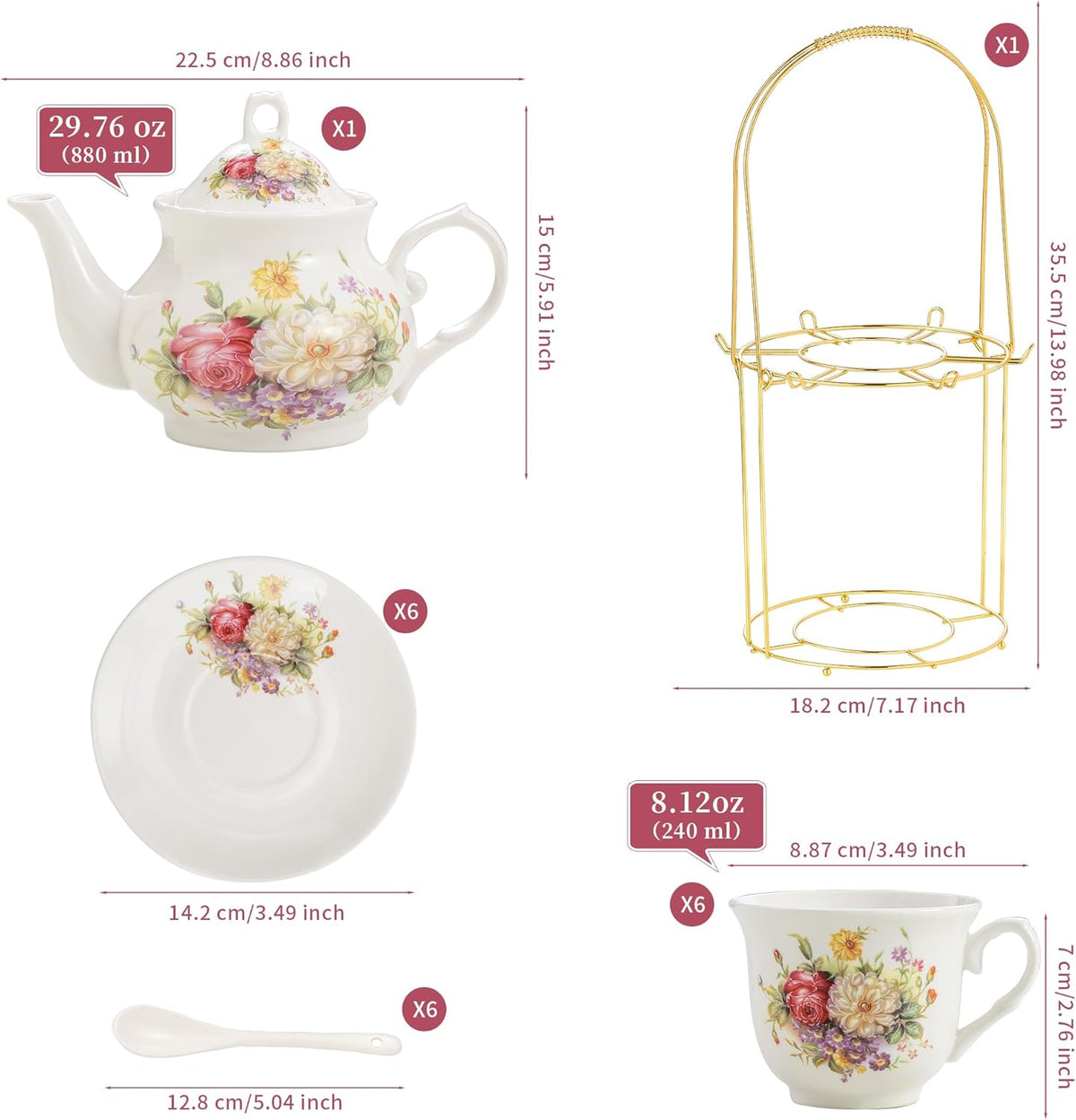 20-Pieces Porcelain Tea Sets For Women, Tea Set For Adult with Golden Metal Rack,Tea Gift Sets for Home&Party(012)