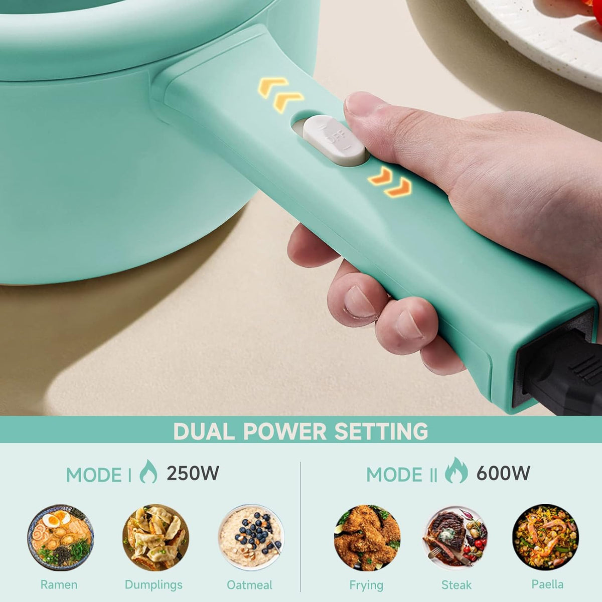 Dezin Electric Cooker, 2L Non-Stick Sauté Pan, Rapid Noodles Mini Pot for Steak, Egg, Fried Rice, Ramen, Oatmeal, Soup with Power Adjustment, College Dorm Room Essential